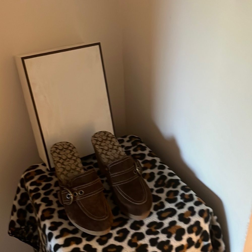 Like New!!! Never worn outside. Coach Brown Suede Clogs.